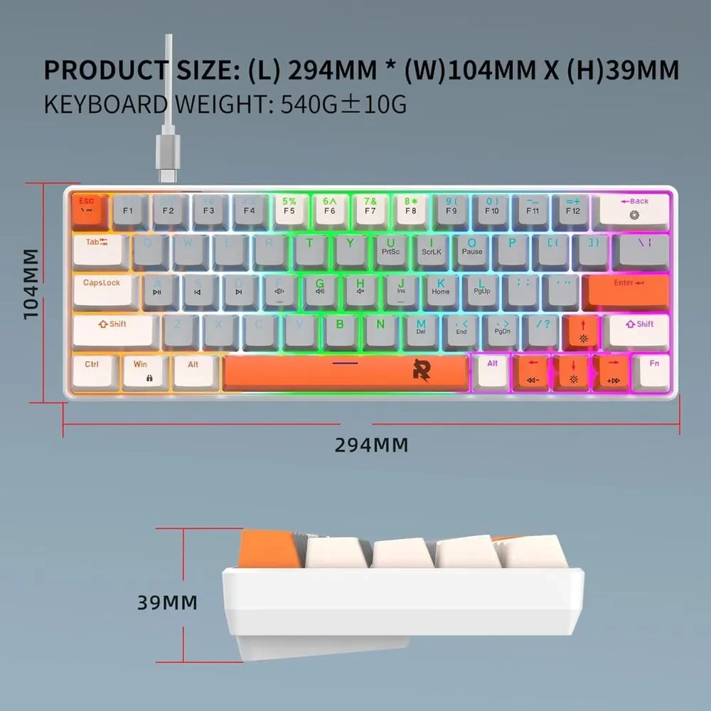 Mechanical Gaming Keyboard 60% Mini Wired Keyboard LED Backlit Compact 63 Keys